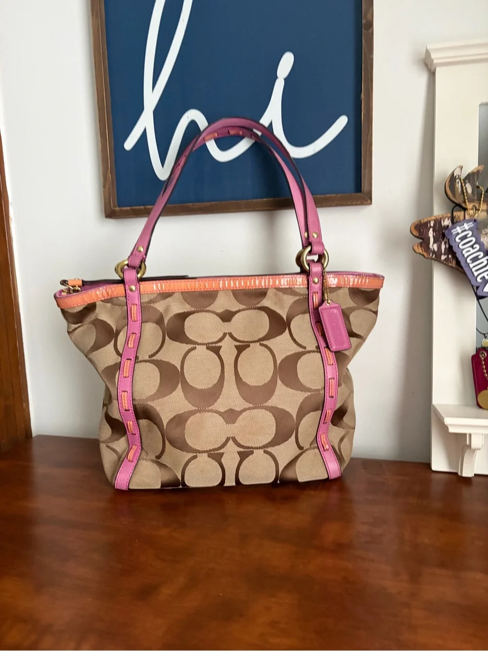 Coach Brown Signature Canvas Tote with Pink Trim Tattersall Lining *READ*
